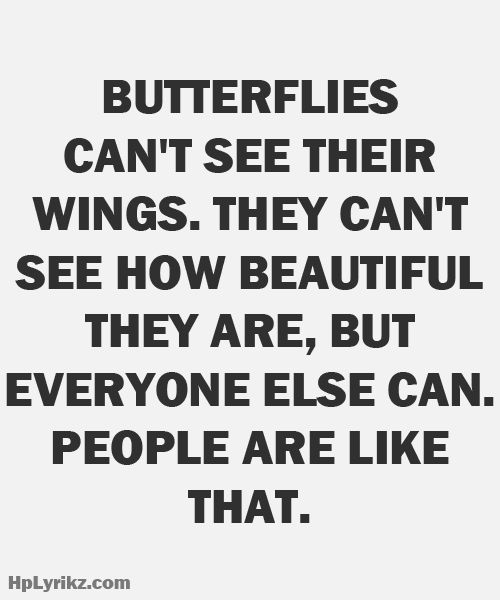 Butterflies can't see their wings. They can't see how beautiful they are, but everyone else can. People are like that.